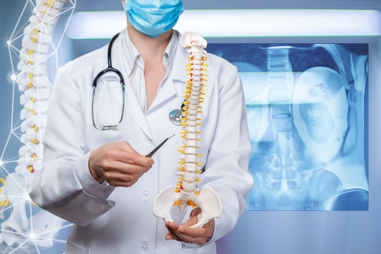 A closeup of a doctor with stethoscope holding an artificial spine model with pelvis unit of human skeleton at roentgen image background. The concept of spine diseases diagnostics.